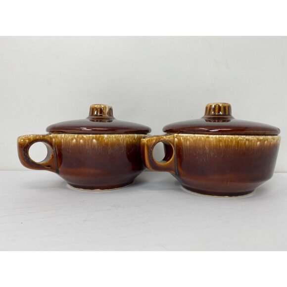 Set of 2 Vintage Hull Oven Proof USA With Handle and Lid Brown Drip Glaze 8 Oz - Picture 3 of 13